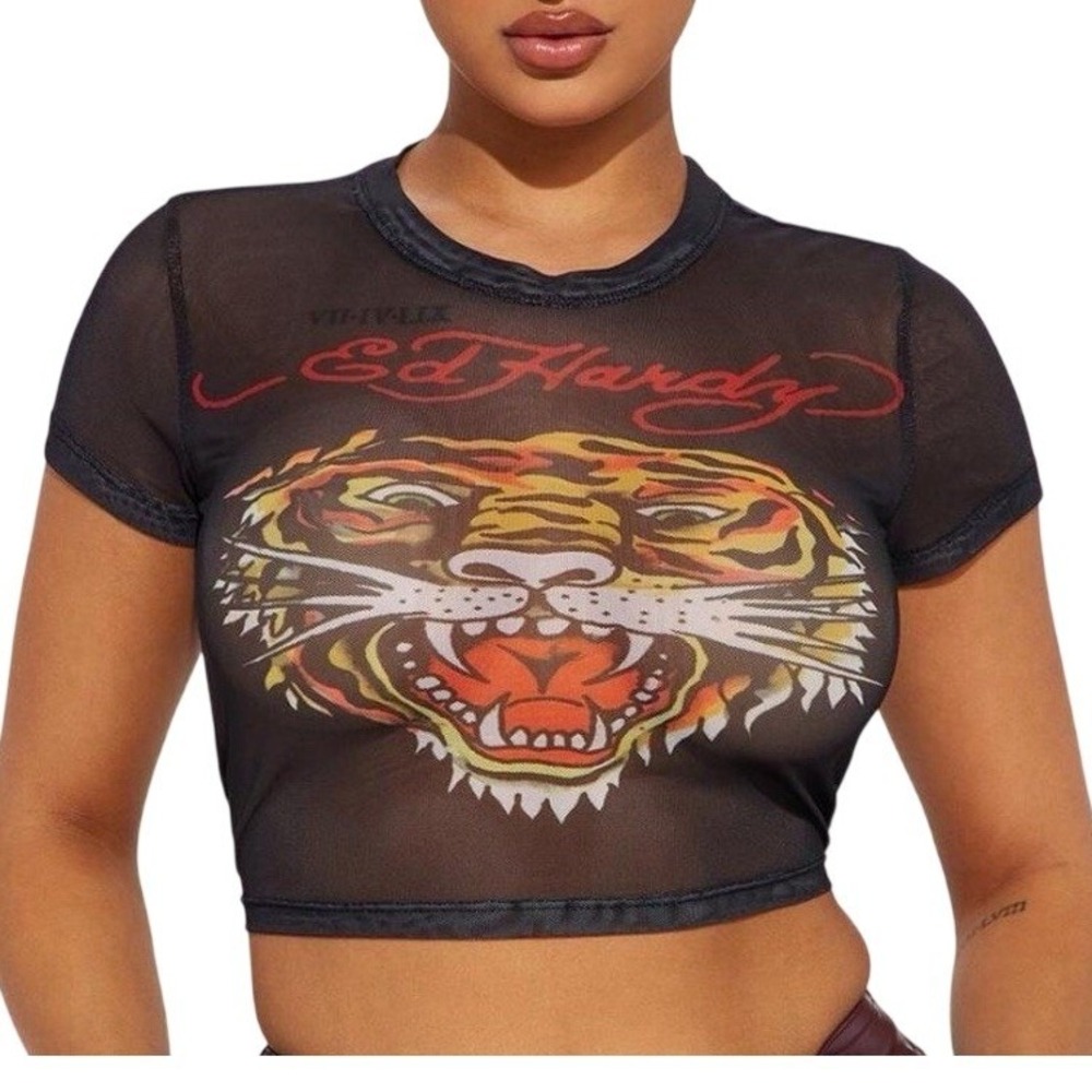 Ed Hardy Womens Black Mesh Tiger Graphic Crop Top Y2K Baby Tee Logo XL